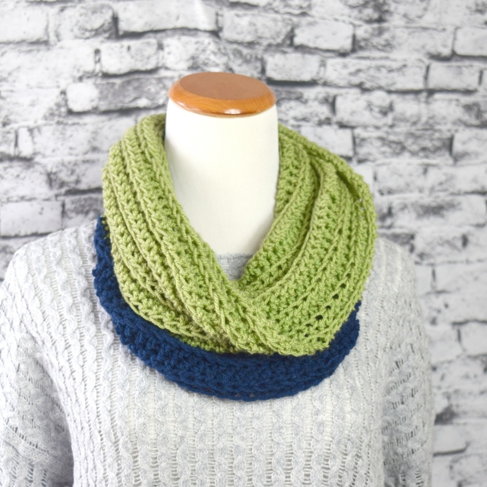 Hand Crocheted Olive and Navy Cowl Infinity Scarf - Picture 3 of 5